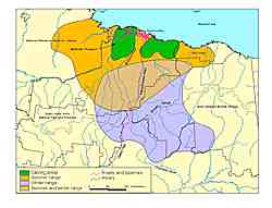 A look at part of the range of the Central Arctic caribou herd green indicates calving areas yellow is the summer range purple is the winter range and the brown area in the center is the summer and winter range Prudhoe Bay is red area at top center