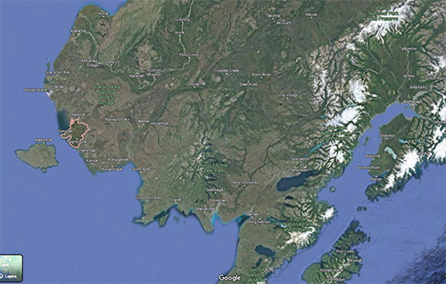 Nelson Island is about 100 miles west of Bethel and about 400 miles west of Anchorage at the far right Nelson Island is outlined and adjacent to the mainland just east of Nunivak Island on the left side of the image It39s in the YukonKuskokwim River Delta region