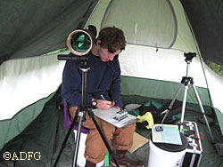 Kameron records data after a 15 minute session intently counting passing marbled murrelts at Point Couverden