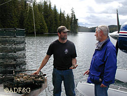 Eric Wyatt an aquatic farmer near Tokeen Bay SE Alaska with stacked culture trays on his dock talking with John Thiede from DNR during inspections