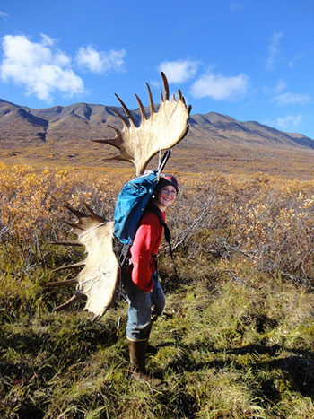 Caleb Mikkelsen hauls out a nice moose rack Antlers are the last thing to come out of the field