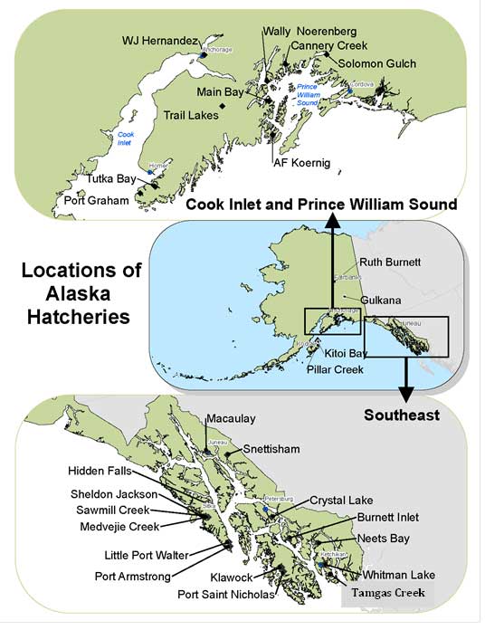 Location of hatcheries currently operating in Alaska