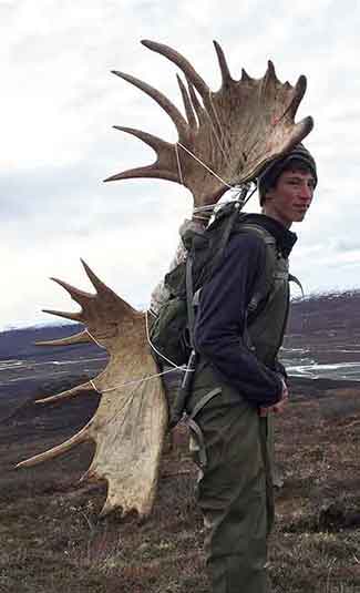 Brent Edmondson 14 packs out the antlers of his first moose Continuing the tradition of three generations of moose hunting in Alaska Photo by Matt Edmondson