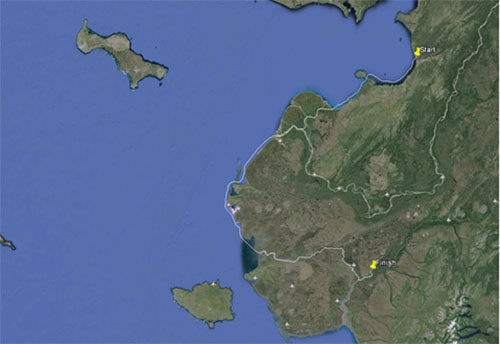 The route along the Norton Sound and Bering Sea coast through the freshwater channels and portage to Bethel Start is Unalakleet the route south cuts between the mainland and Stuart Island past Stebbins and St Michael and the diagonal route quotinlandquot near the center is Apoon Pass near Kotlik which meets the Bering Sea again near Emmonak The Yukon River is the grey line running from the upper right corner the traveler39s route meets the main channel at the center of the Google Earth image Nunivak Island is at the center of the lower edge Bethel is the yellow pin at the finish