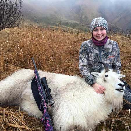 Angela Garofalo with her first mountain goat a billy taken in 2016 on the Kodiak South Road System
