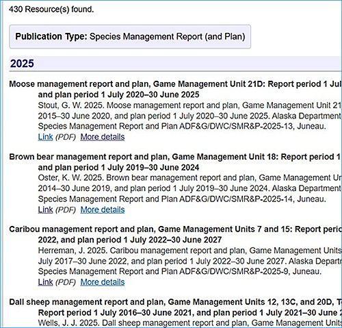 Species management reports and plans SMRPs provide a great deal of information about game animals and are available on the Fish and Game website