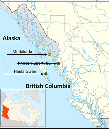 emFigure 2 Map of British Columbia and Alaska highlighting locations of European green crab source populations in BC and nearest communitybased monitors in Alaskaem