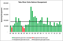 Figure 11. &mdash; Taku River coho salmon escapement, 1987 to 2024.
