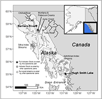 Figure 1. &mdash; Map of Southeast Alaska showing coho salmon study areas.