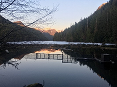 Figure 3. &mdash; Hugh Smith Lake, frozen upstream of the smolt weir in spring.