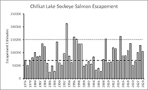 Figure 5. &mdash; Sockeye escapement estimates for Chilkat Lake sockeye salmon, 1976 to 2024.