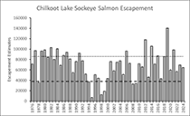 Figure 5. &mdash; Sockeye escapement estimates for Chilkoot Lake, 1976 to 2024.