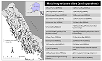 Figure 6. &mdash; Map of Southeast Alaska showing major towns and current hatchery chum salmon release sites.
