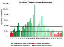 Figure 7. &mdash; Taku River Chinook salmon escapement, 1973 to 2024.