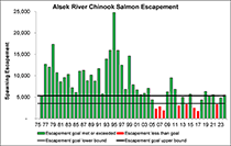 Figure 8. &mdash; Alsek River spawning Chinook salmon escapement from 1976 to 2024.