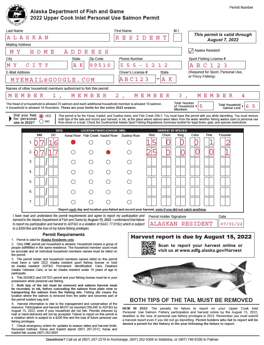Example of a filled out permit form.