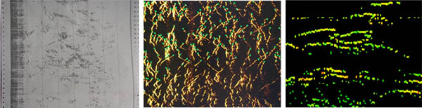Numerous overlapping fish traces can be difficult to distinguish and count Originally fish traces were printed on paper charts left Today splitbeam sonar data are collected and processed on computers center and right Technicians still need to distinguish and count individual fish traces but several software tools have helped streamline the process