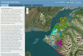 Featured Map The Anchorage Bears Story Map allows users to explore the daily lives of six urban bears with an interactive map of location data and video over two summers
