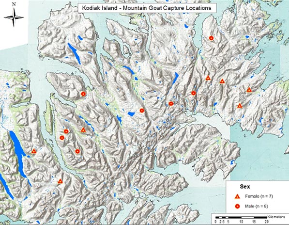 Figure 2 Mountain goat capture locations Kodiak Island Alaska 28ndash30 June 2013